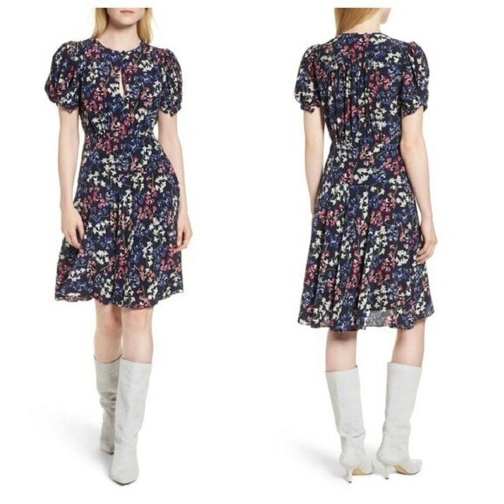 Lewit Dress 100% Silk Floral A Line Navy Night Flounce Sz 18 $399 NWT